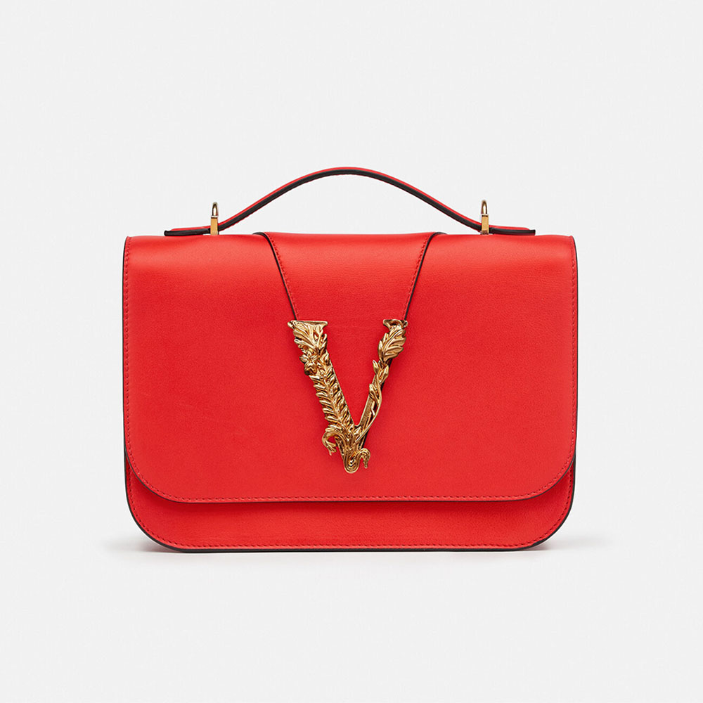 Front view of Versace Women Virtus Shoulder Bag-Red with gold Medusa clasp
