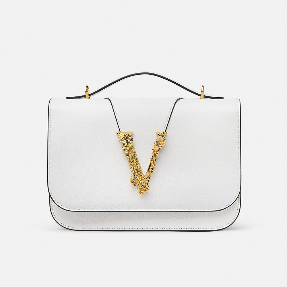 Front view of Versace Women Virtus Shoulder Bag-White with Medusa clasp