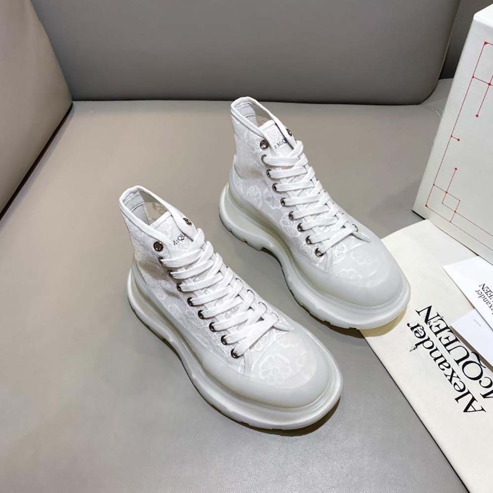 Front angle of Alexander Mcqueen Women Tread Slick Boot-White with laces