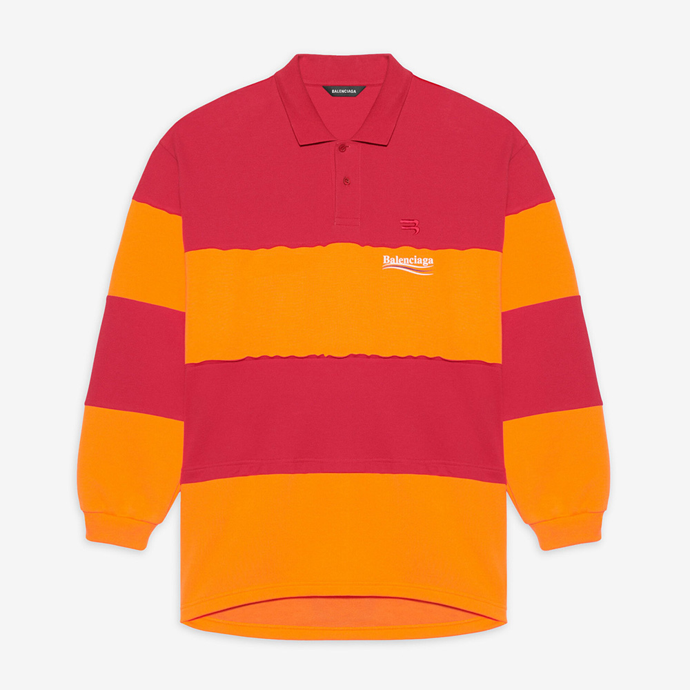 Front view of Balenciaga Women Patchwork Polo in Raspberry/White
