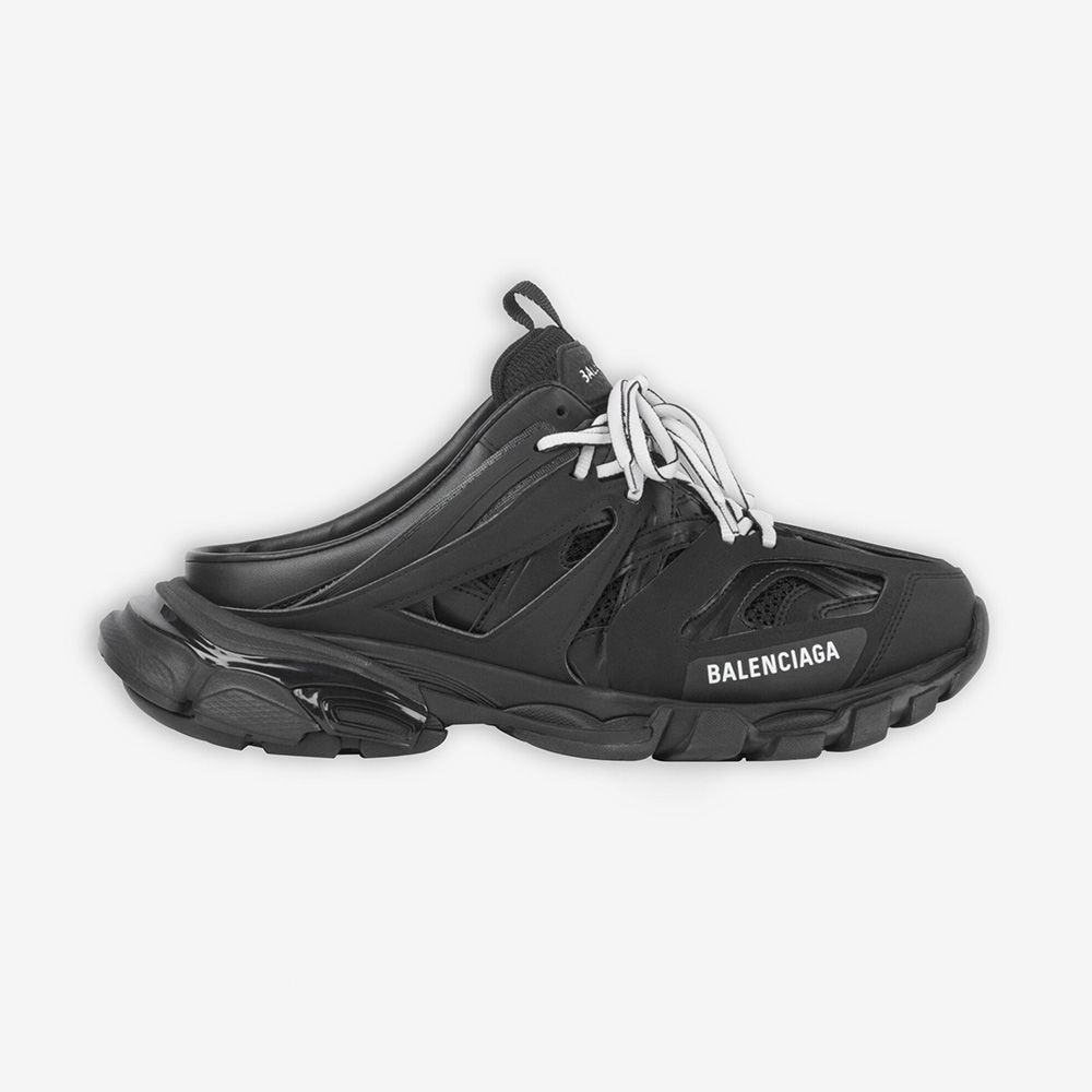 Side profile of Balenciaga Women Track Mule in black mesh and nylon