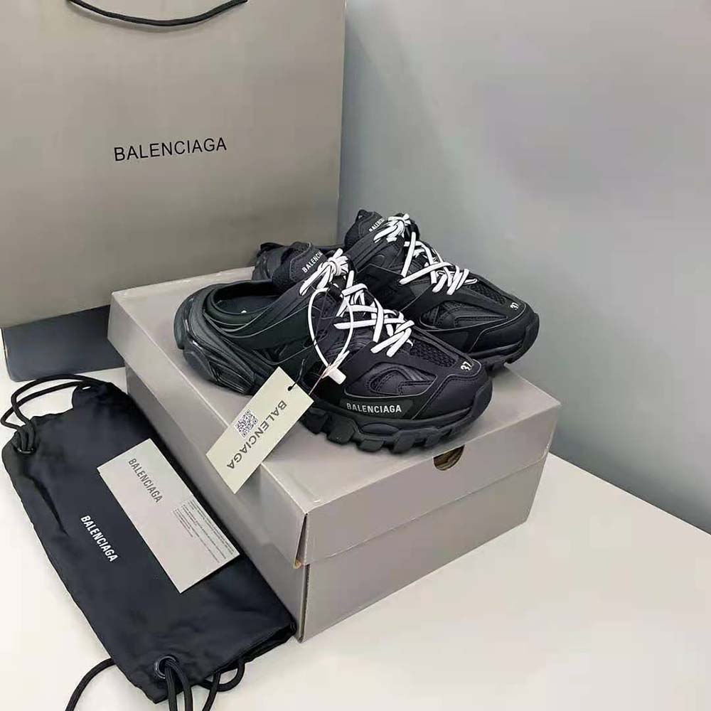 Close-up of black mesh and nylon material on Balenciaga Track Mule