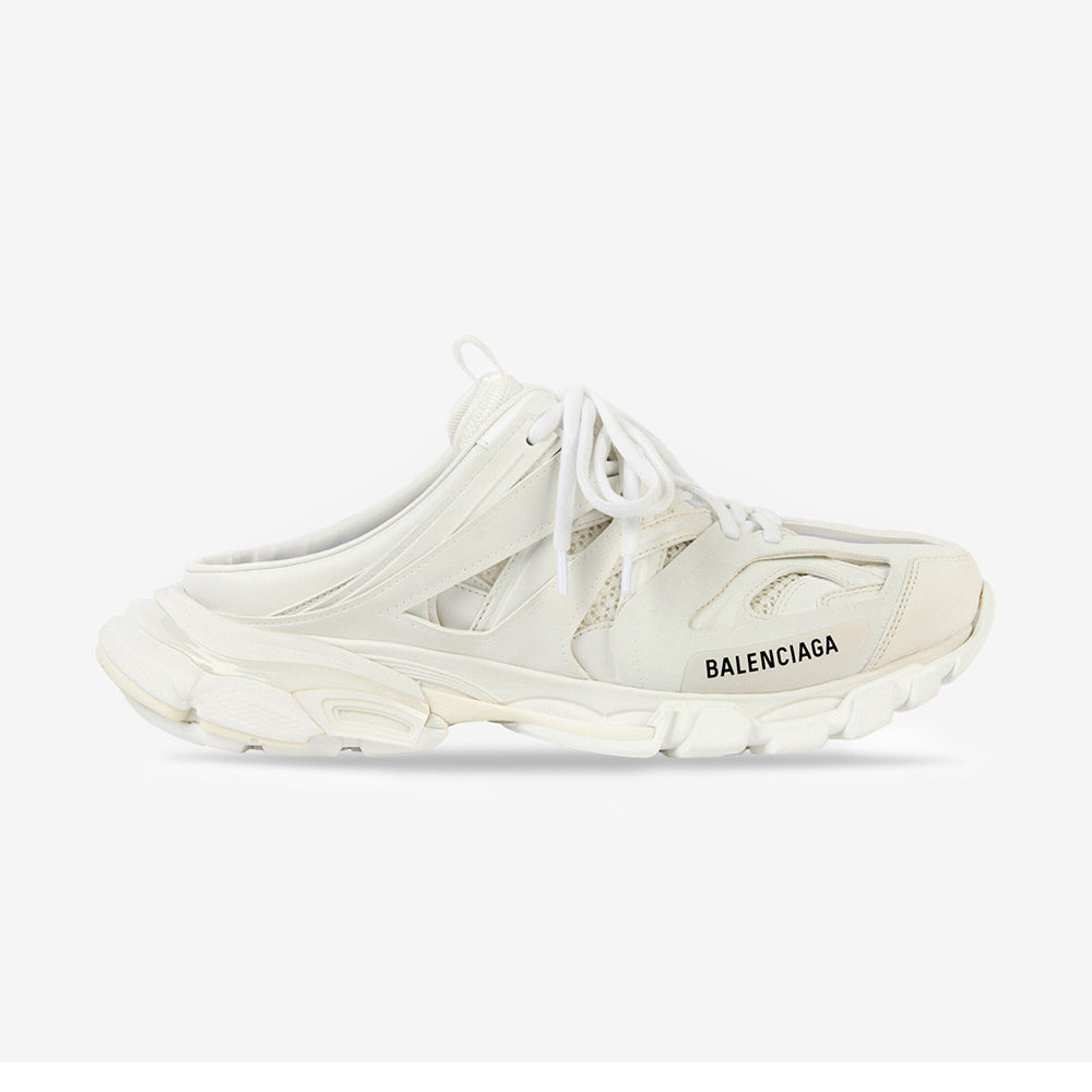 Side angle of Balenciaga Women Track Mule in white mesh and nylon