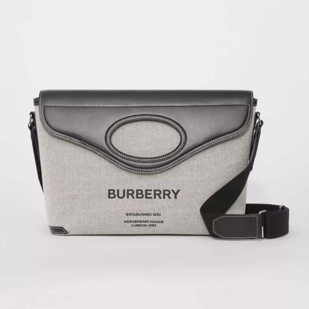 Front angle of Burberry Men Horseferry Print Canvas Pocket Messenger Bag in silver