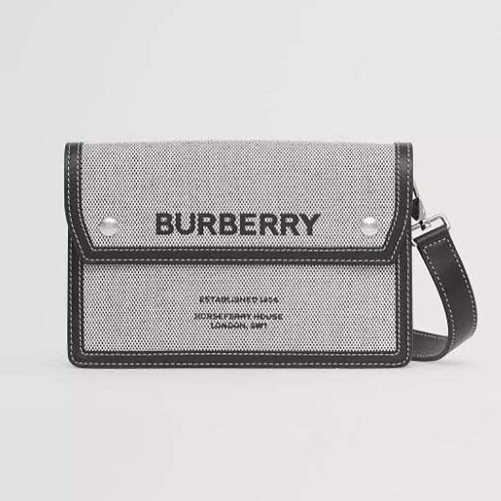 Front view of Burberry Men Horseferry Print Canvas and Leather Crossbody Bag in silver