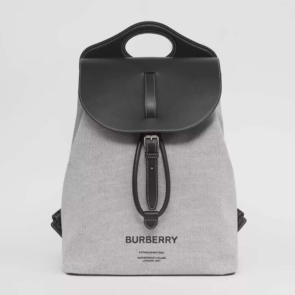 Front view of Burberry Men Horseferry Print Canvas and Leather Pocket Backpack