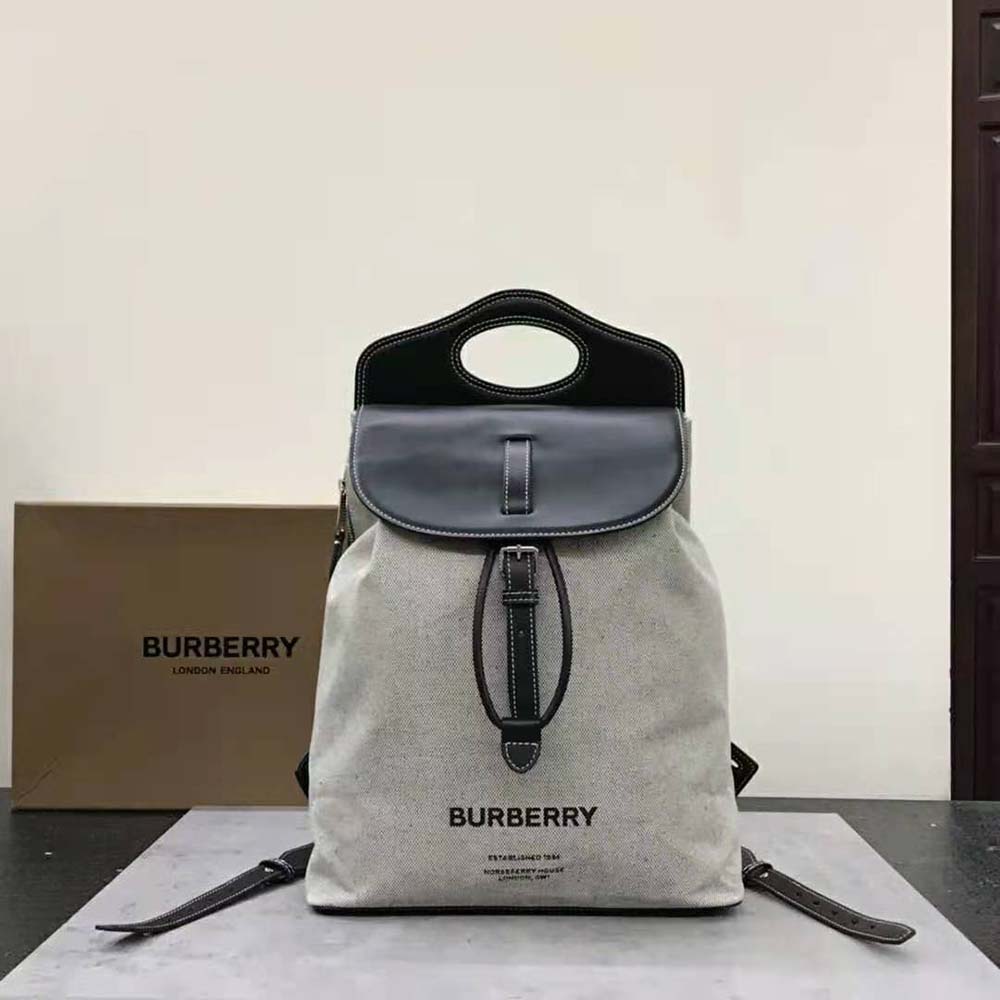 Close-up of silver leather and Horseferry print on Burberry backpack