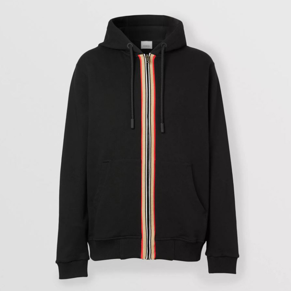 Front view of Burberry Men Icon Stripe Detail Cotton Hooded Top-Black