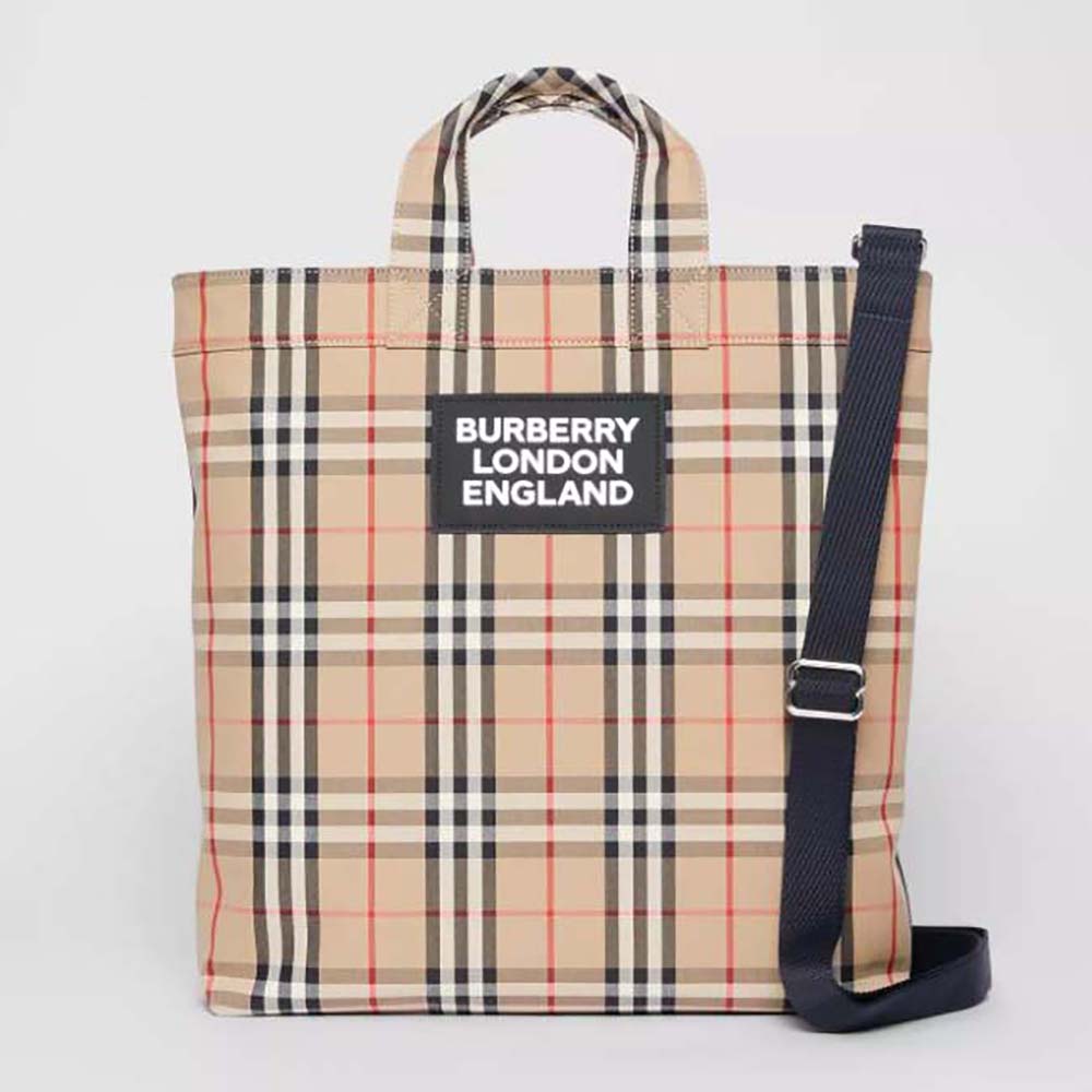 Front angle of Burberry Men Logo Applique Vintage Check Cotton Blend Tote
