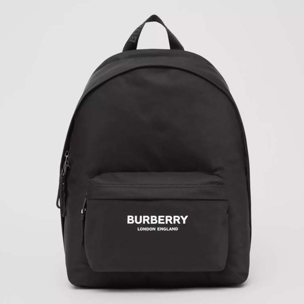 Front view of Burberry Men Logo Print ECONYL Backpack-Black with logo print