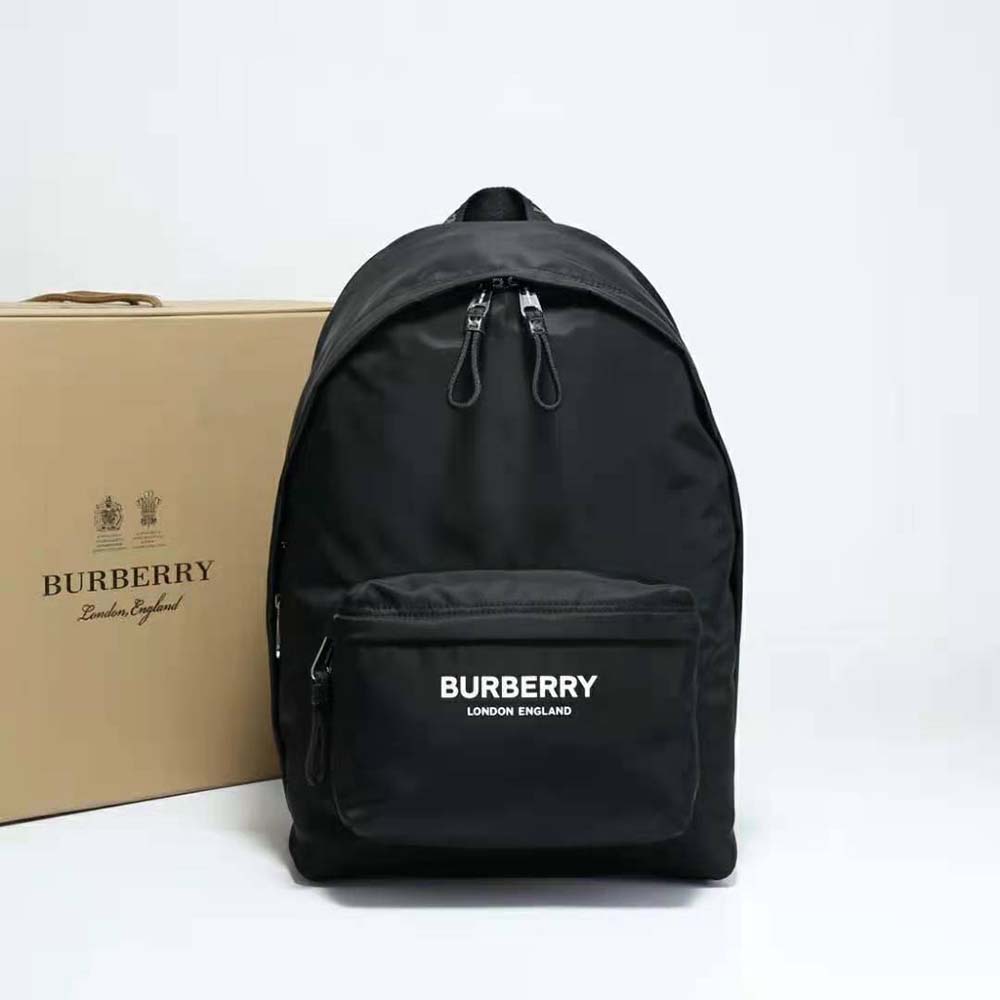 Close-up of matte black hardware on Burberry Men Logo Print ECONYL Backpack-Black