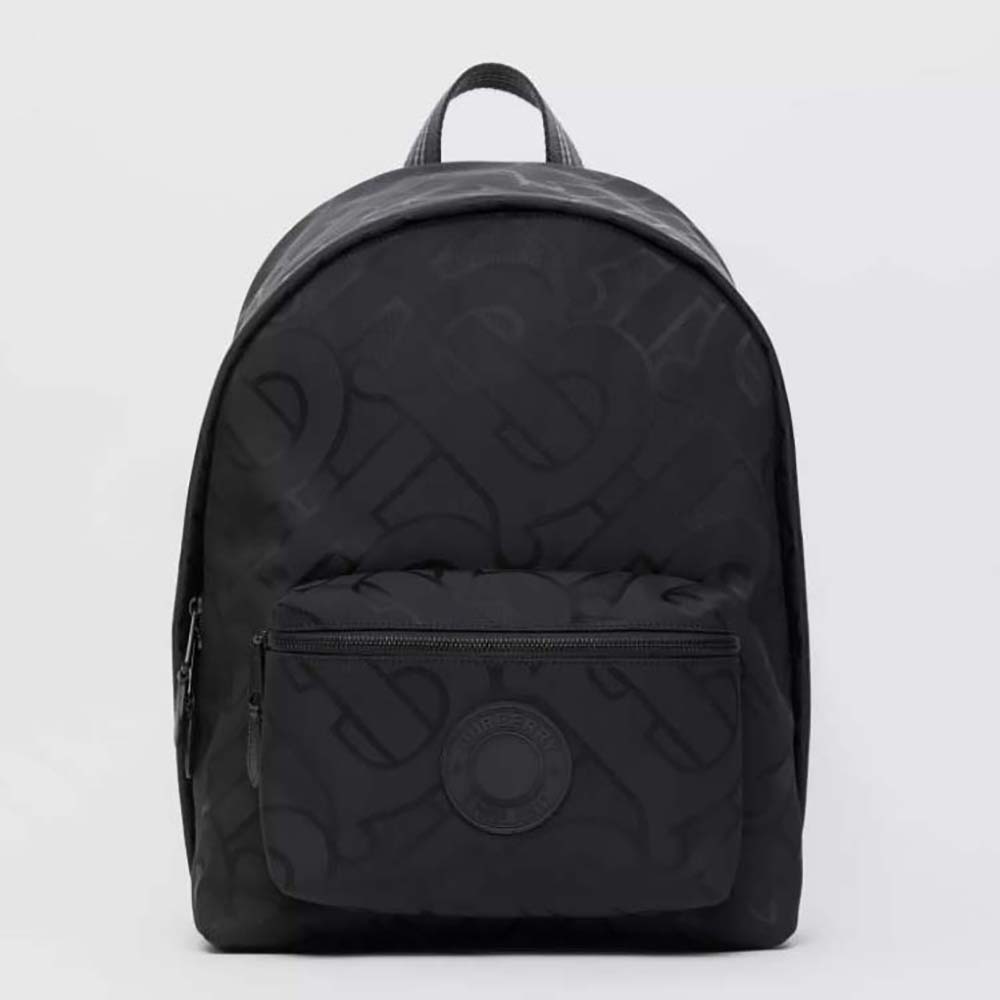 Front view of Burberry Men Monogram Recycled Polyester Jacquard Backpack-Black