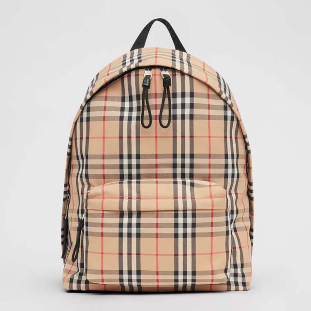 Front view of Burberry Men Vintage Check Nylon Backpack-Beige with zip closed