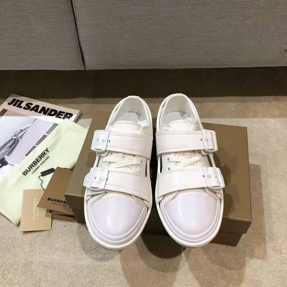 Close-up of white leather and cotton texture on Burberry Webb Sneakers