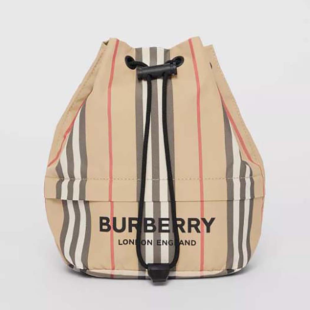 Front view of Burberry Women Icon Stripe ECONYL Drawcord Pouch in beige