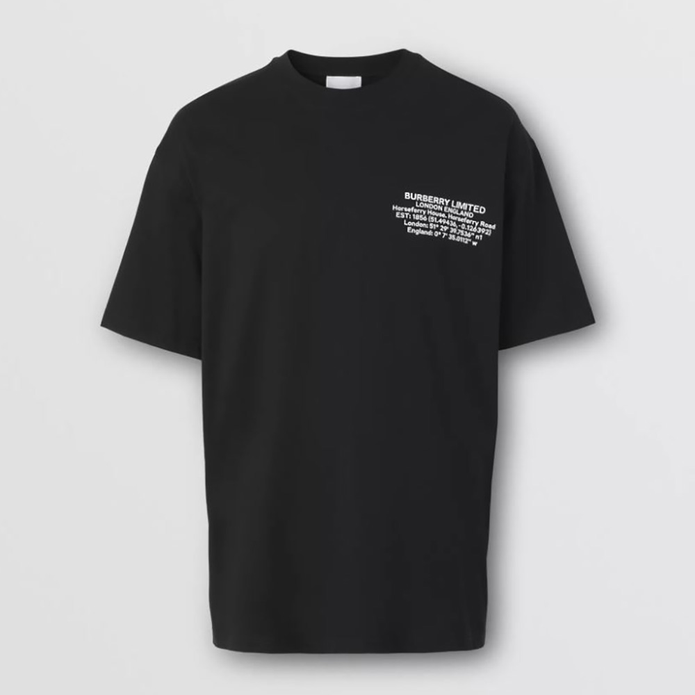 Front view of Burberry Men Location Print Cotton Oversized T-shirt-Black
