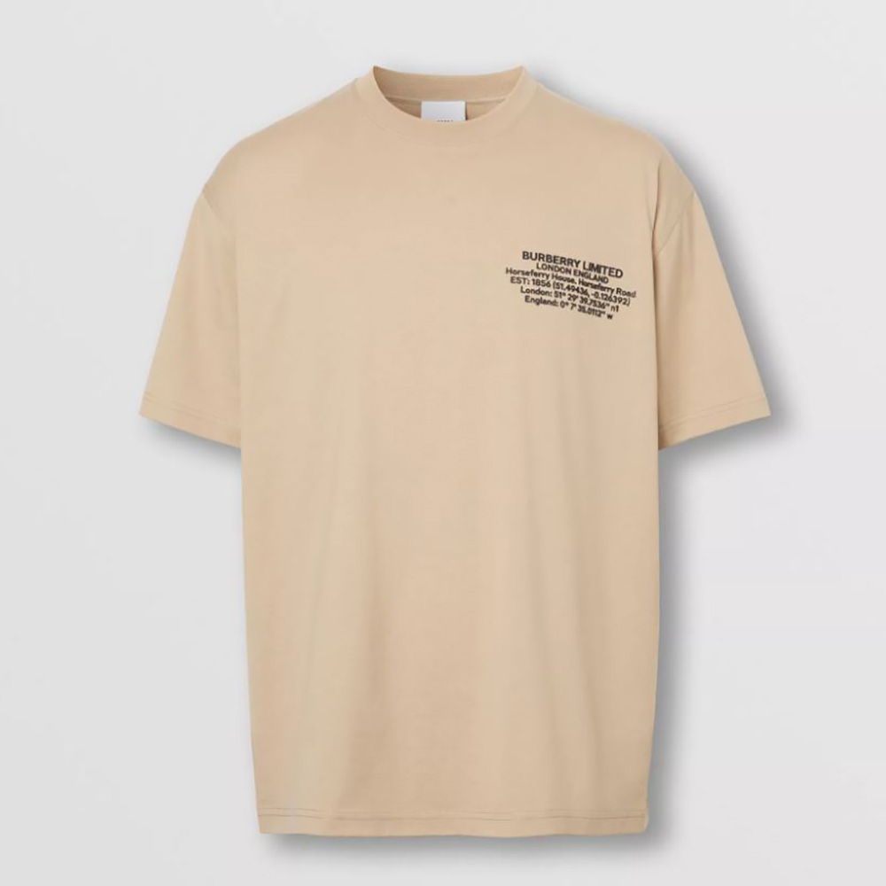 Front view of Burberry Women Location Print Cotton Oversized T-shirt-Sandy