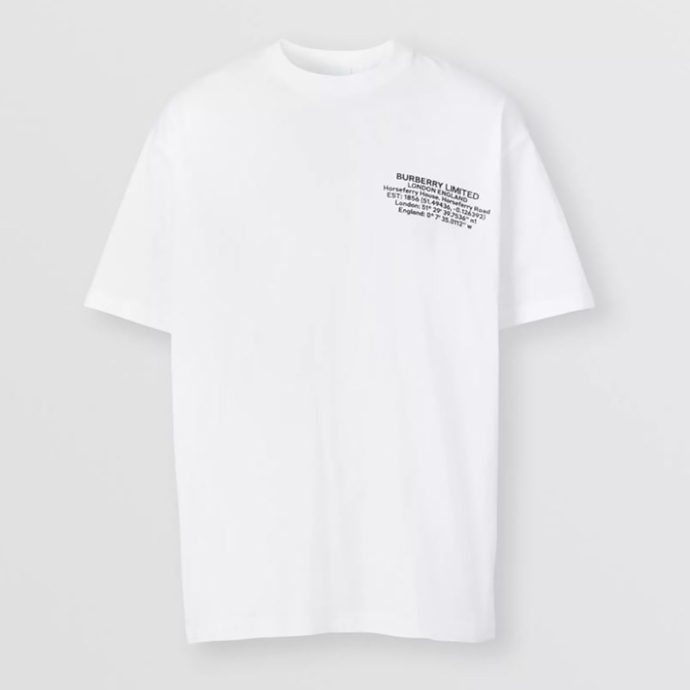 Front view of Burberry Men Location Print Cotton Oversized T-shirt-White