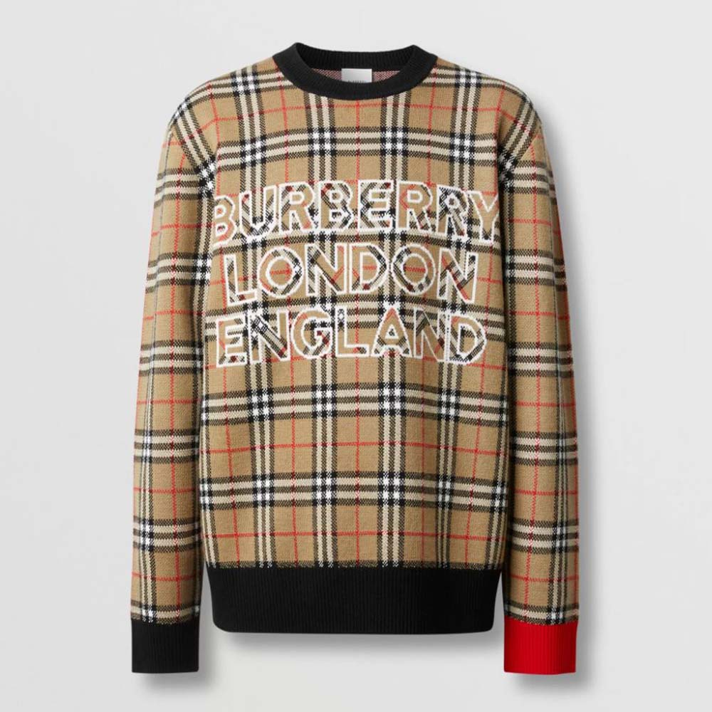 Front view of Burberry Women Logo Check Wool Cotton Jacquard Sweater in brown