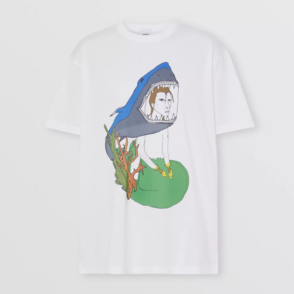 Front view of Burberry Men Marine Sketch Print Cotton Oversized T-shirt