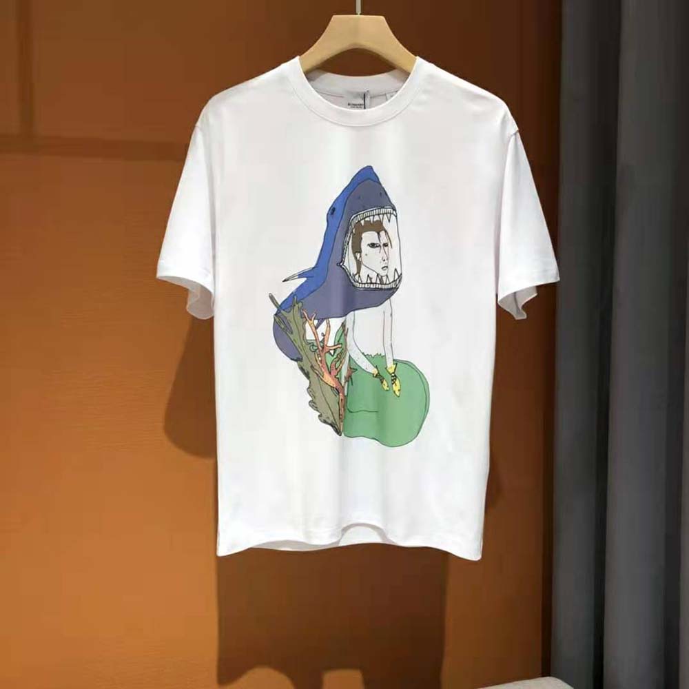 Close-up of marine sketch print on Burberry white oversized T-shirt