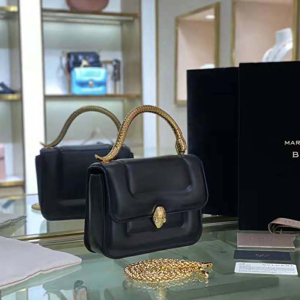 Side profile showing structured silhouette of Bvlgari Women Mary Katrantzou X Bvlgari Top Handle-Black