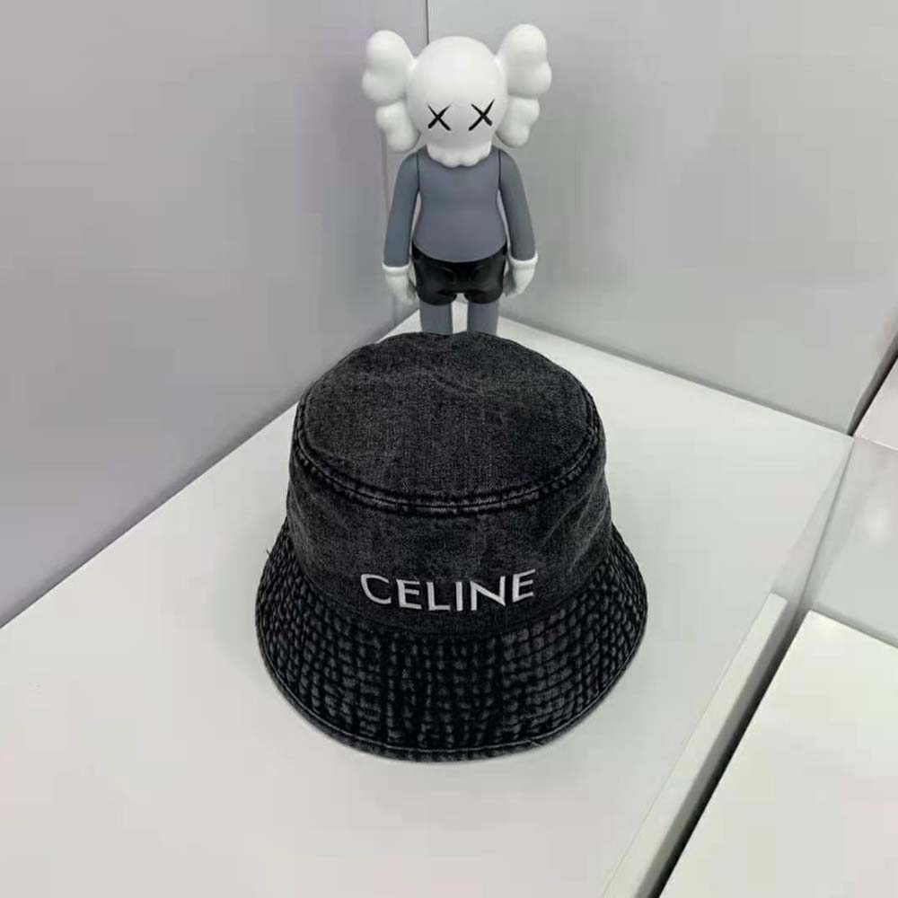 Side profile showcasing silhouette of Celine Women Bucket Hat in Denim-Black