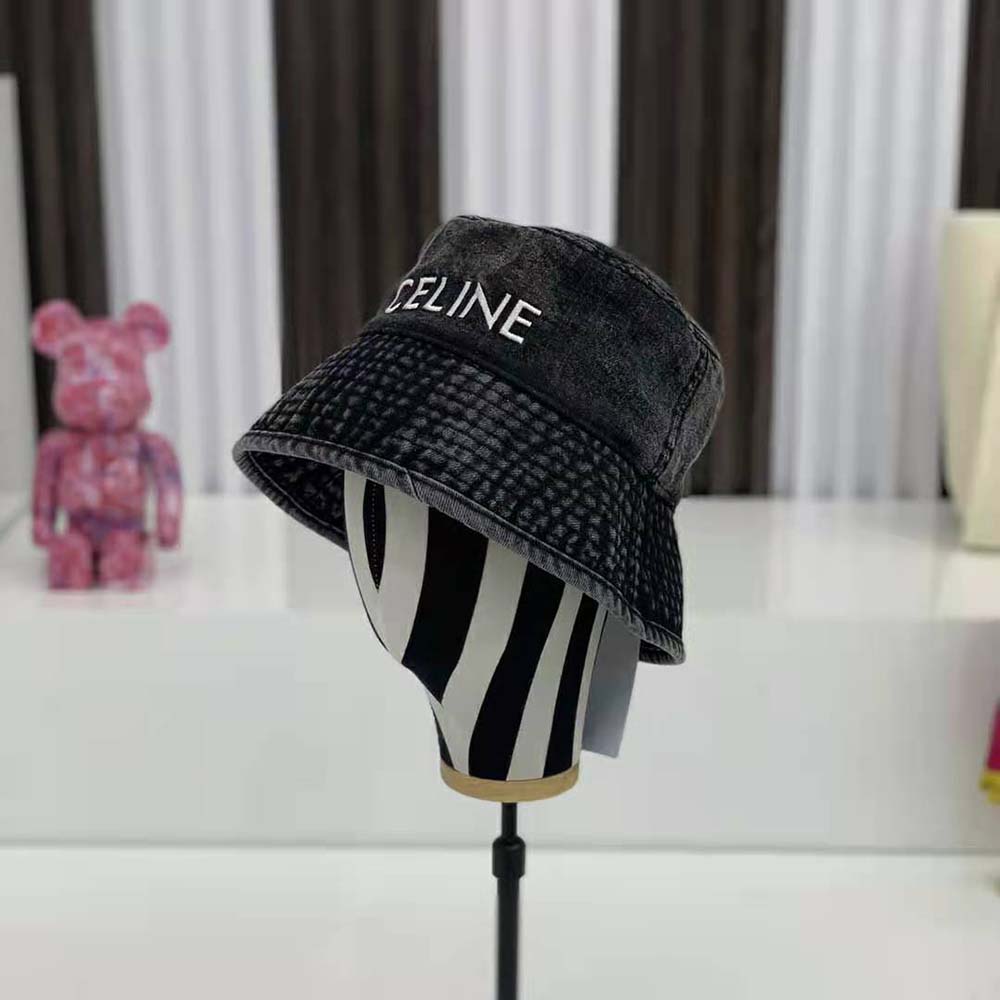 Close-up texture detail of Celine Women Bucket Hat in Denim-Black