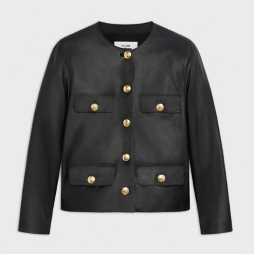 Front view of Celine Women Chasseur Jacket in Lambskin Leather-Black