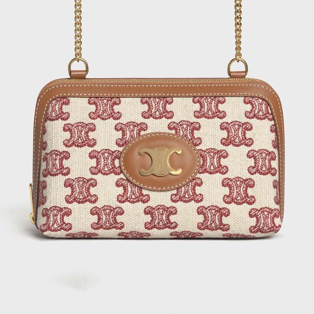 Front view of Celine Women Clutch on Chain in Textile with Triomphe Embroidery maroon