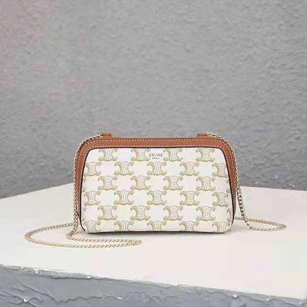 Close-up of gold hardware and Triomphe canvas on Celine Women Clutch