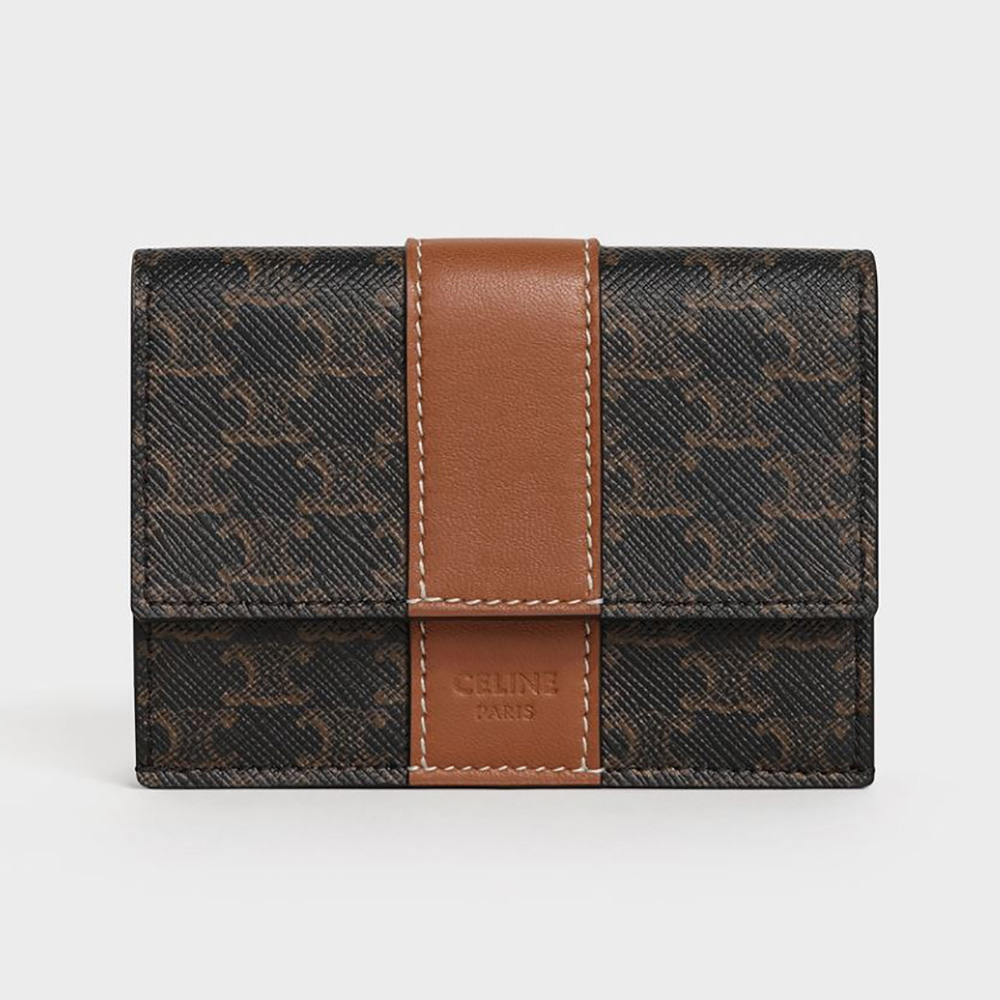 Front view of Celine Women Folded Compact Wallet in brown Triomphe canvas