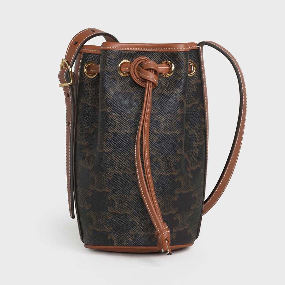 Front view of Celine Women Micro Drawstring in Triomphe Canvas and Calfskin-Brown