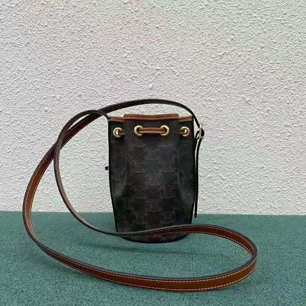 Celine Women Micro Drawstring in Triomphe Canvas and Calfskin-Brown - image 4
