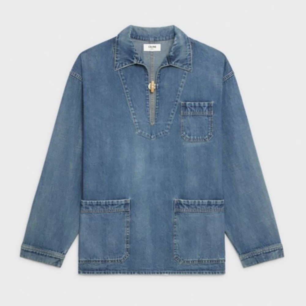 Front view of Celine Women Open-Collar Sweater in Pacific Sky Wash Denim-Navy
