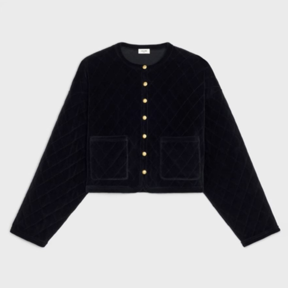 Front view of Celine Women Quilted Cardigan in Velvet Jersey-Black
