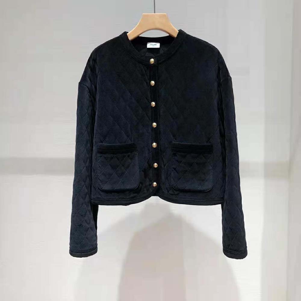 Close-up of quilted detail on black velvet jersey cardigan by Celine