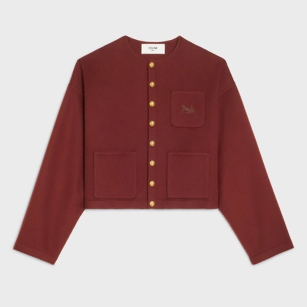 Front view of Celine Women Reversible Snap Cardigan in Cashmere-Maroon