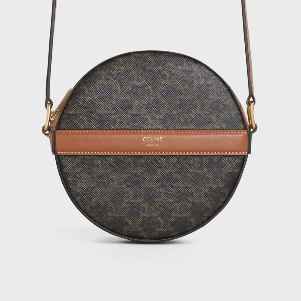 Front view of Celine Women Round Purse on Strap in brown canvas and lambskin