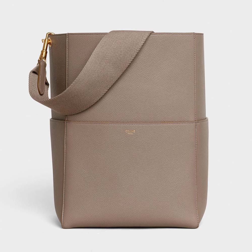 Front view of Celine Women Sangle Bucket Bag in soft gray calfskin