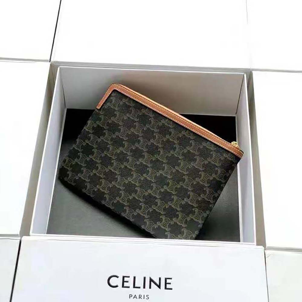 Side angle showing texture of Celine Women Small Pouch in brown