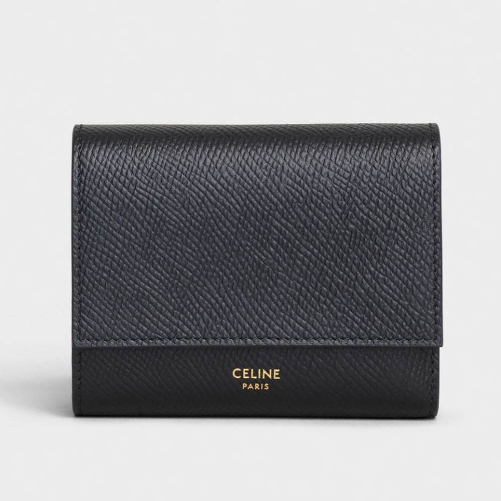 Front view of Celine Women Small Trifold Wallet in Grained Calfskin-Black