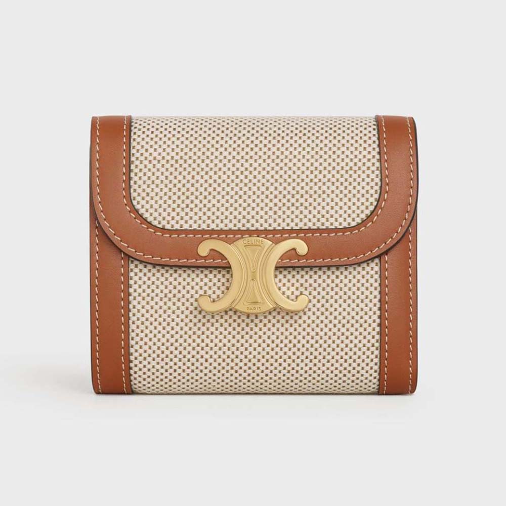 Front close-up of Celine Women Small Triomphe Wallet in brown calfskin