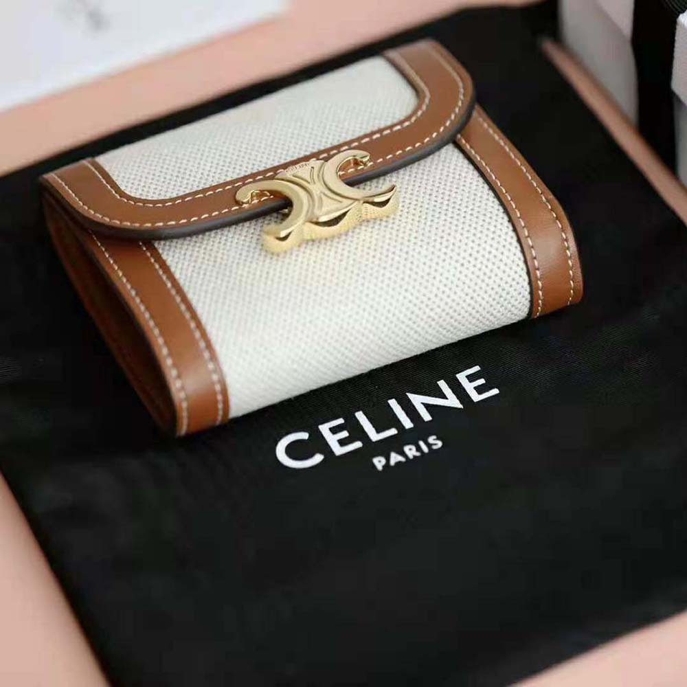 Celine Women Small Triomphe Wallet in Textile and Calfskin-Brown - image 4