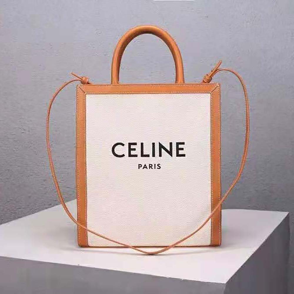 Close-up of gold-tone hardware and Celine print on the small vertical cabas