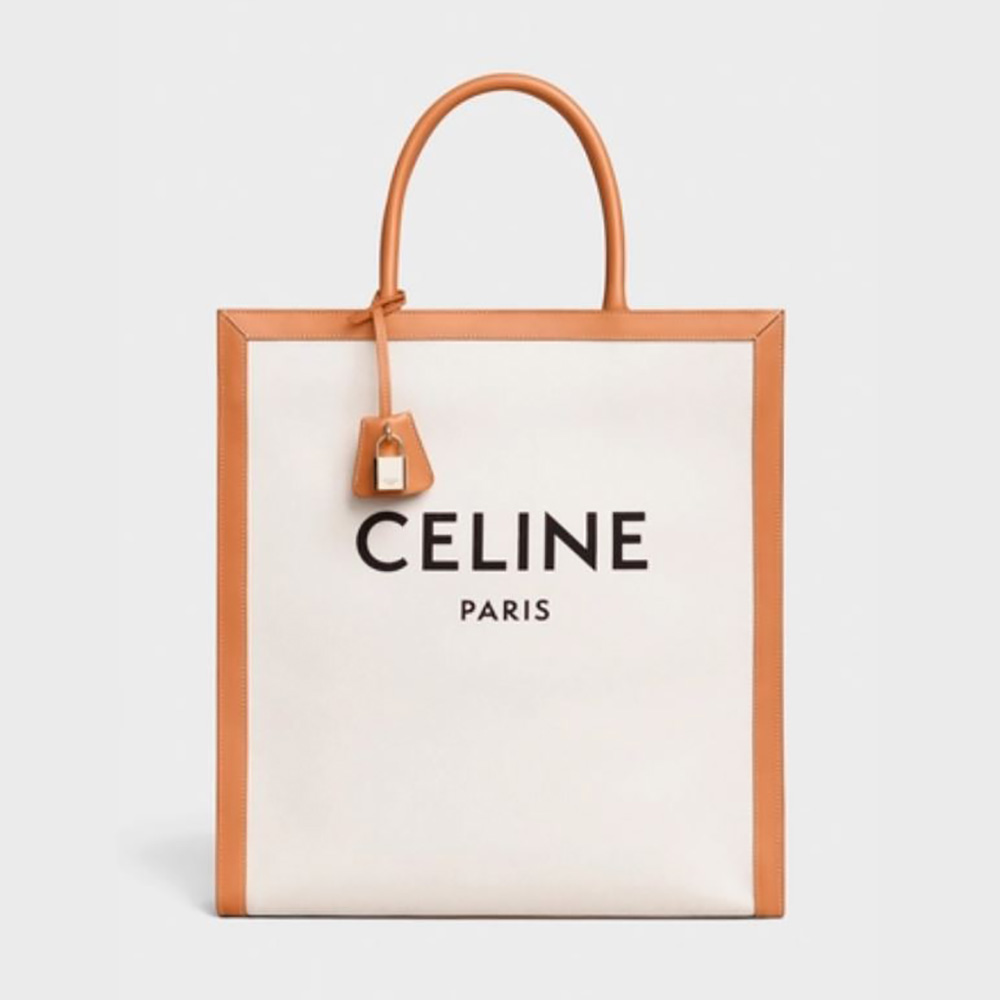Front view of Celine Women Vertical Cabas Celine in beige canvas and calfskin