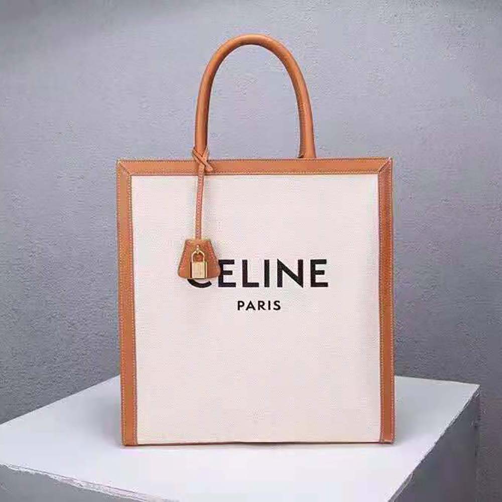 Close-up of Celine print and gold-tone closure on Vertical Cabas Celine bag
