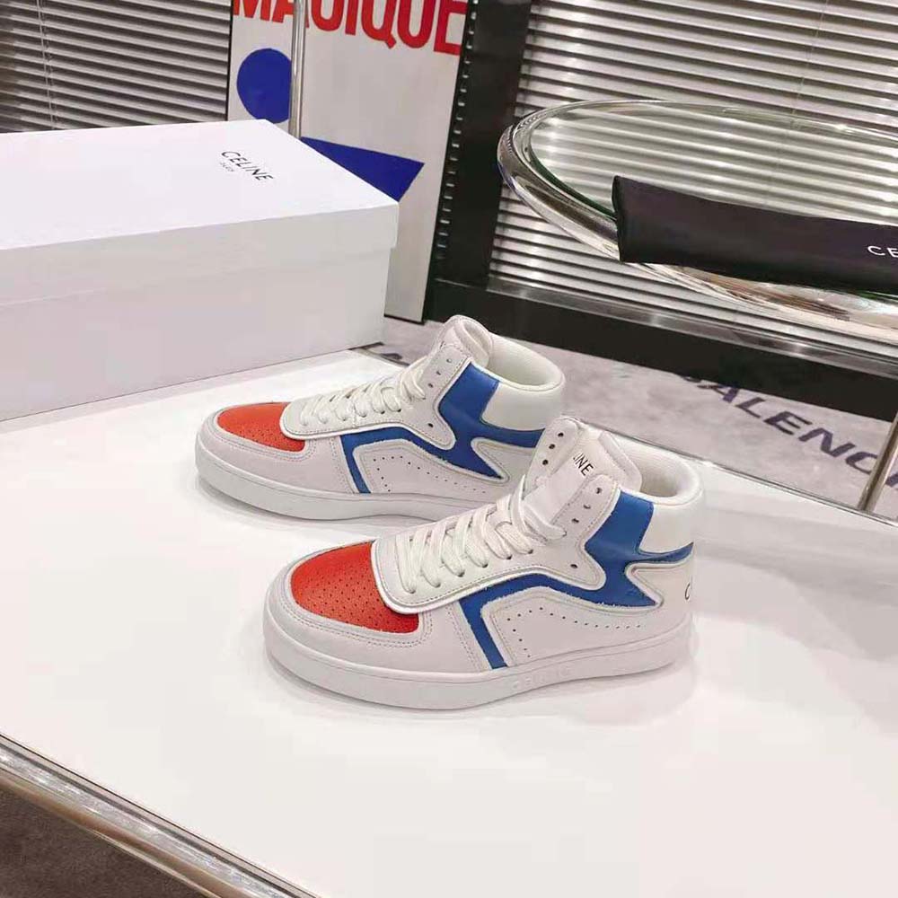 Close-up of embossed Celine logo on White calfskin sneaker tongue