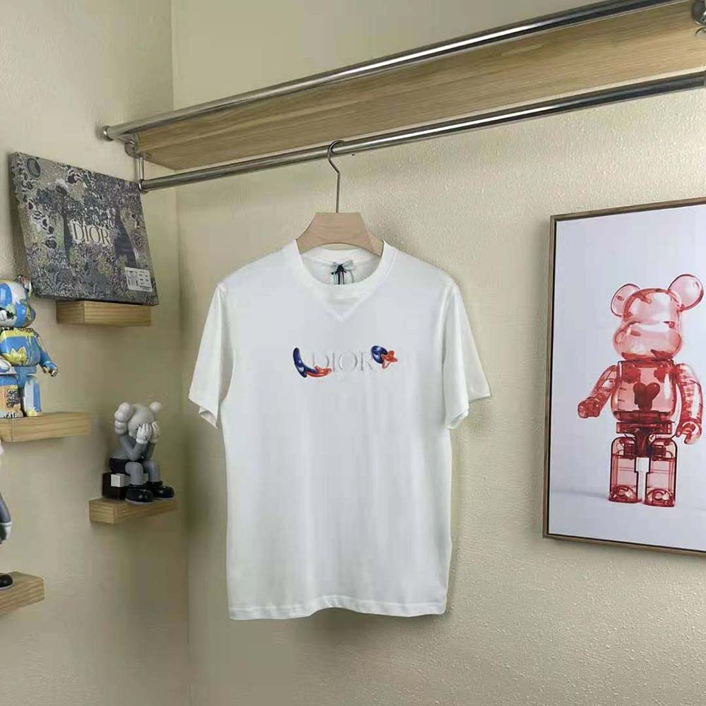 Close-up of graphic print detail on Dior and Kenny Scharf T-shirt white cotton jersey