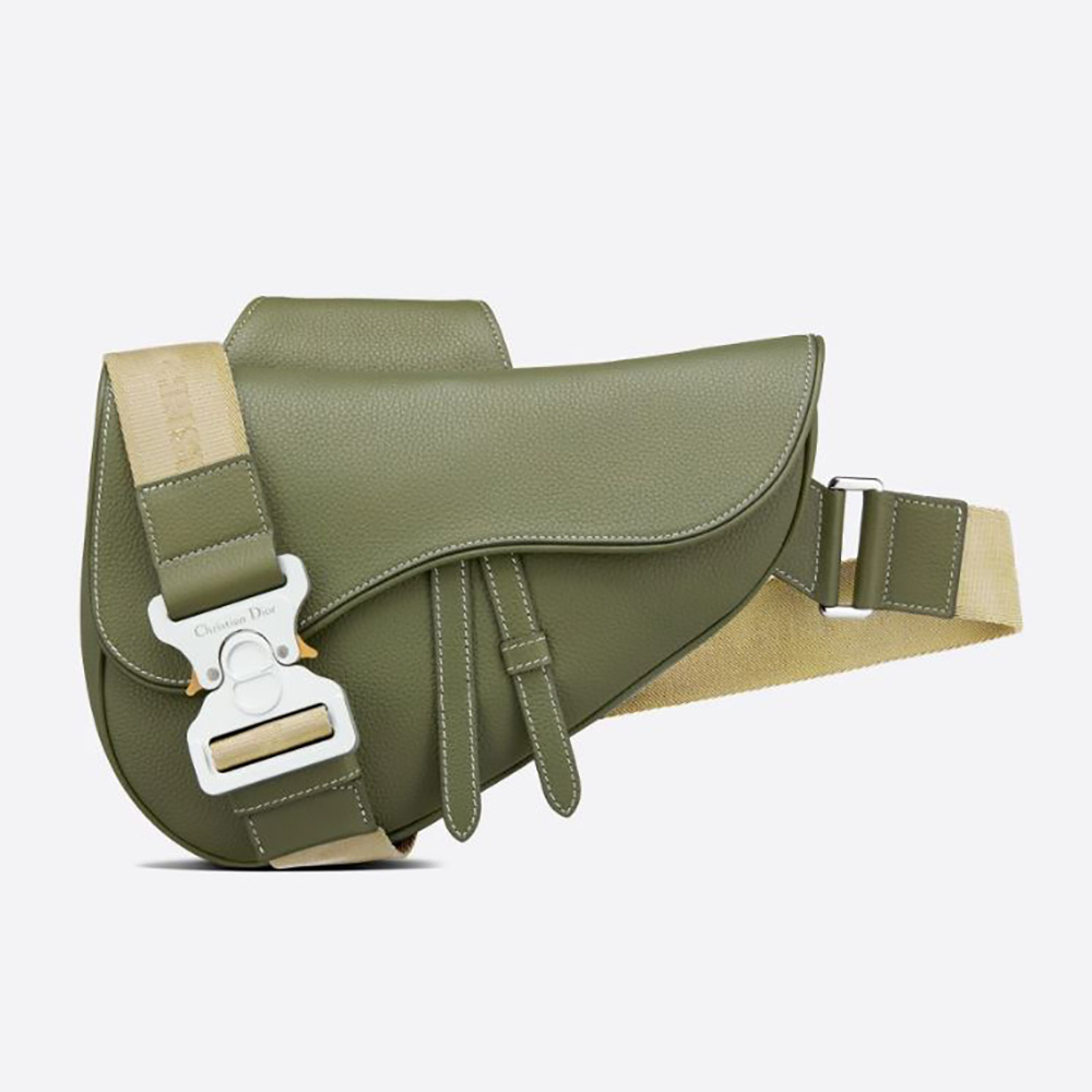 Front view of Dior Men Saddle Bag Khaki Grained Calfskin showing flap detail